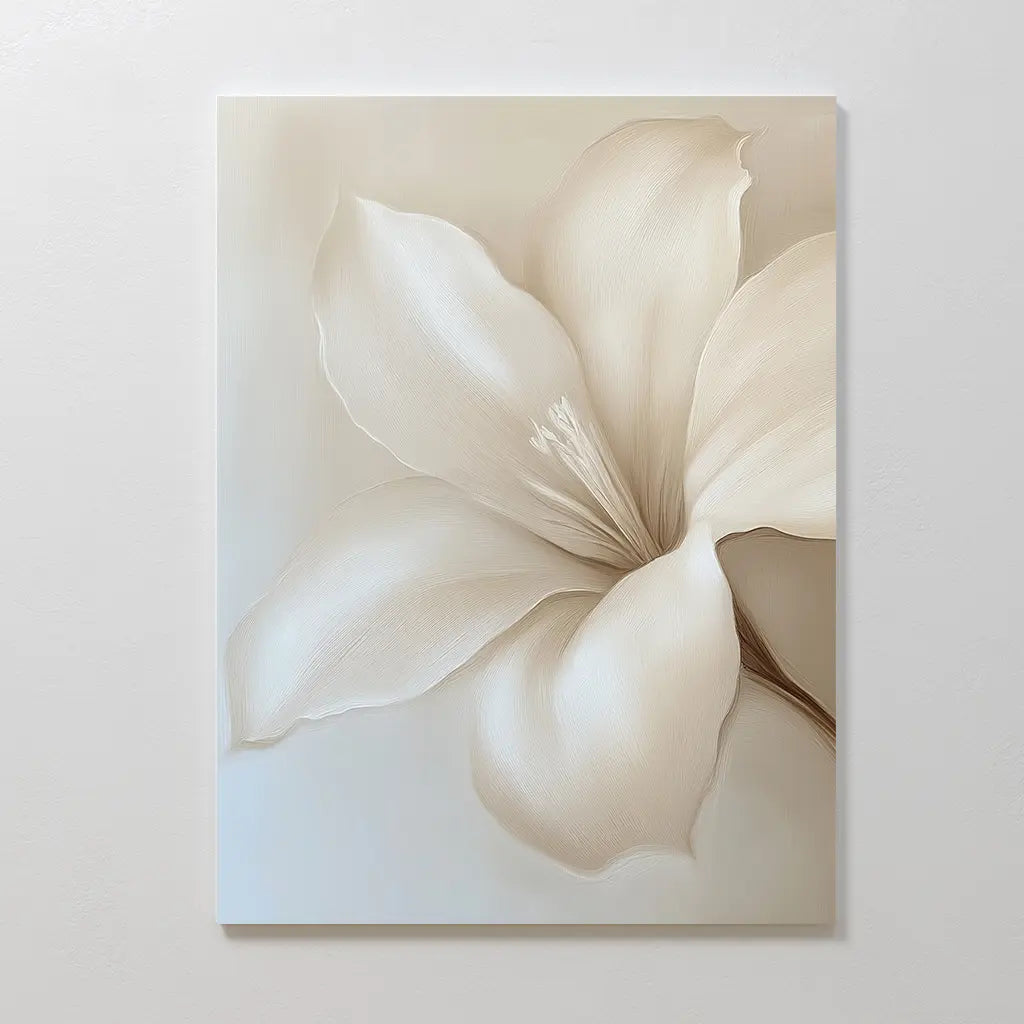 Pure Magnolia Canvas Art showcases a single large, soft white magnolia flower with five petals on a light beige background—ideal minimalist wall art for creating elegant, serene bedroom decor.