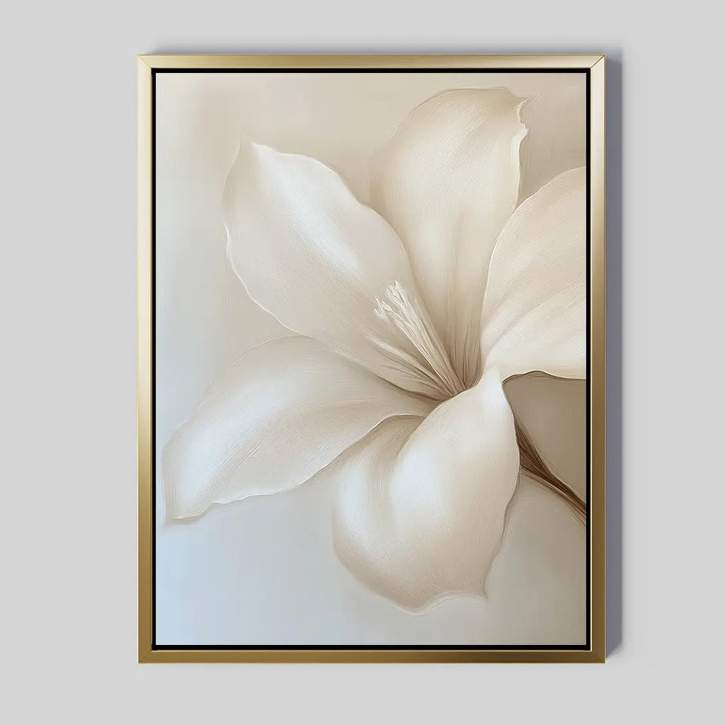 The Pure Magnolia Canvas Art displays a soft beige magnolia with delicate petals on a light background in a thin gold frame—ideal minimalist wall art or tranquil bedroom decor.