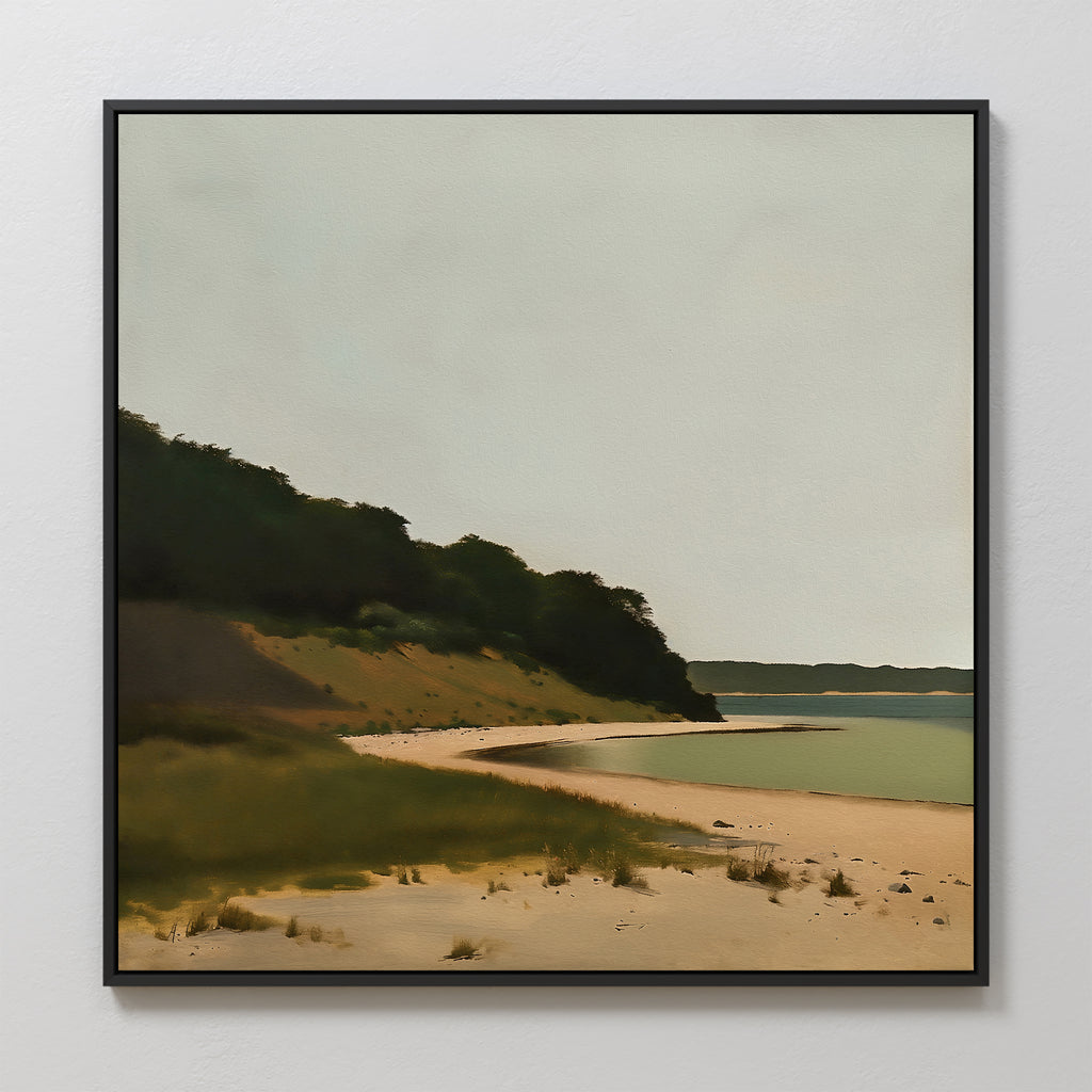 Quiet Bend Canvas Art features a serene beach with sandy shores, scattered grass, and a tree-covered hill against calm blue-green water and a hazy sky—perfect minimalist wall art for enhancing your living room decor.