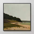 Quiet Bend Canvas Art features a serene beach with sandy shores, scattered grass, and a tree-covered hill against calm blue-green water and a hazy sky—perfect minimalist wall art for enhancing your living room decor.
