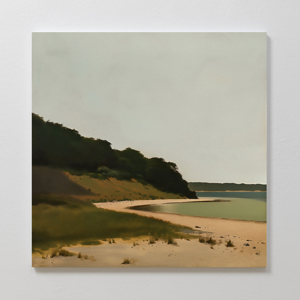 Quiet Bend Canvas Art features a tranquil sandy beach, grassy dunes, and a tree-covered hillside under soft clouds—ideal as minimalist wall art or a large-scale print to enhance your living room decor.