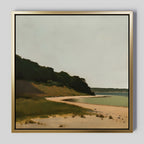 The Quiet Bend Canvas Art features a serene sandy beach curving by grassy dunes and deep green trees under a clear sky—a minimalist wall art piece perfect for tranquil living room decor.