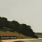 The Quiet Bend Canvas Art features a sandy shoreline curving beneath grassy hills and lush trees under an overcast sky. Ideal for living room decor or large prints, with a black box in the corner labeled Zoomed-In Detail.