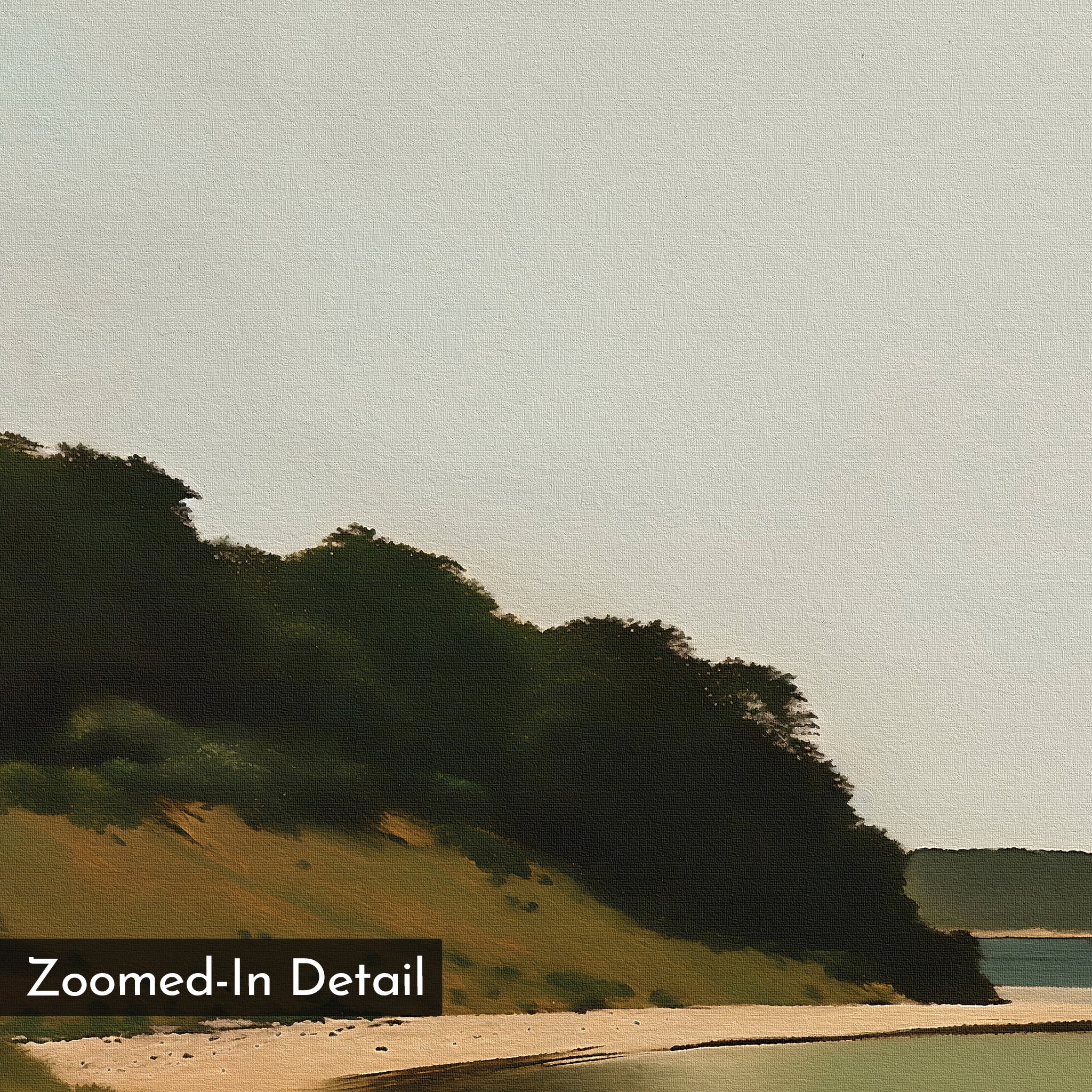 The Quiet Bend Canvas Art features a sandy shoreline curving beneath grassy hills and lush trees under an overcast sky. Ideal for living room decor or large prints, with a black box in the corner labeled Zoomed-In Detail.