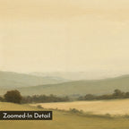 The Quiet Countryside Canvas Art features soft, muted scenery of rolling hills, fields, and trees beneath a hazy sky. With a smooth, close-up texture, it includes a "Zoomed-In Detail" label in the bottom left corner.