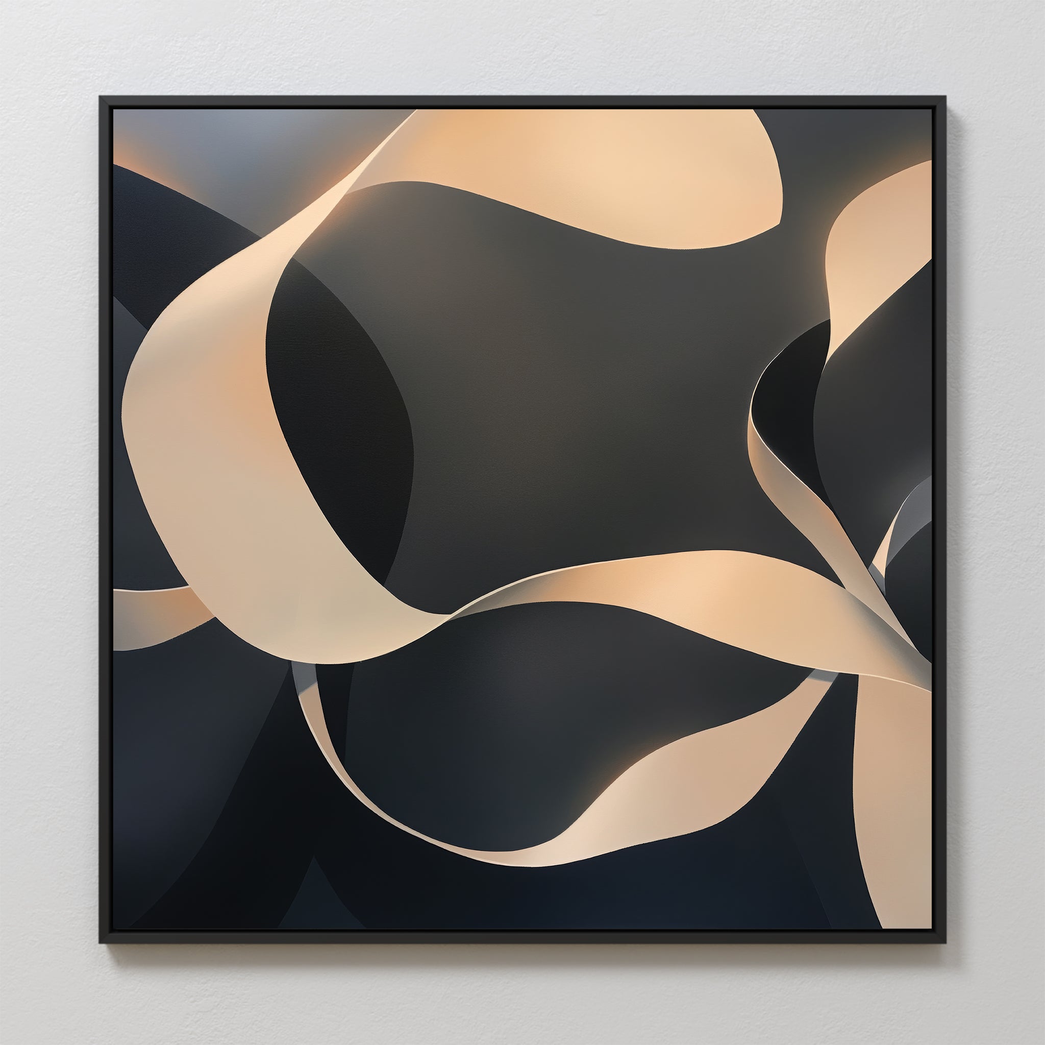 The Quiet Division Abstract Canvas Art features smooth beige ribbons flowing over a dark backdrop, framed in black. This minimalist square artwork uses curved, overlapping forms for modern elegance and depth.