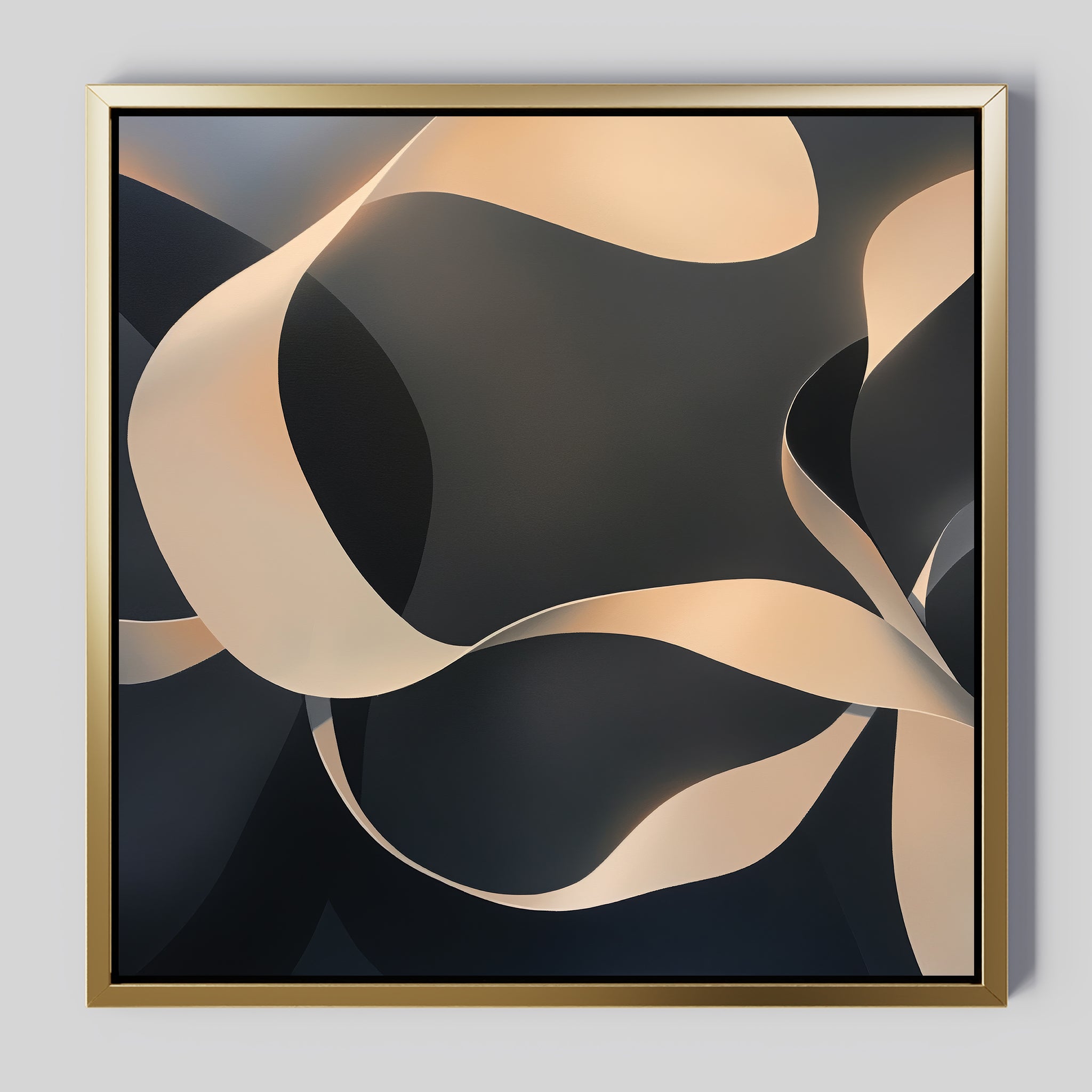 Quiet Division Abstract Canvas Art features flowing, intertwined beige ribbons on a dark gray background, framed in gold to bring modern elegance and a sense of movement to your space.