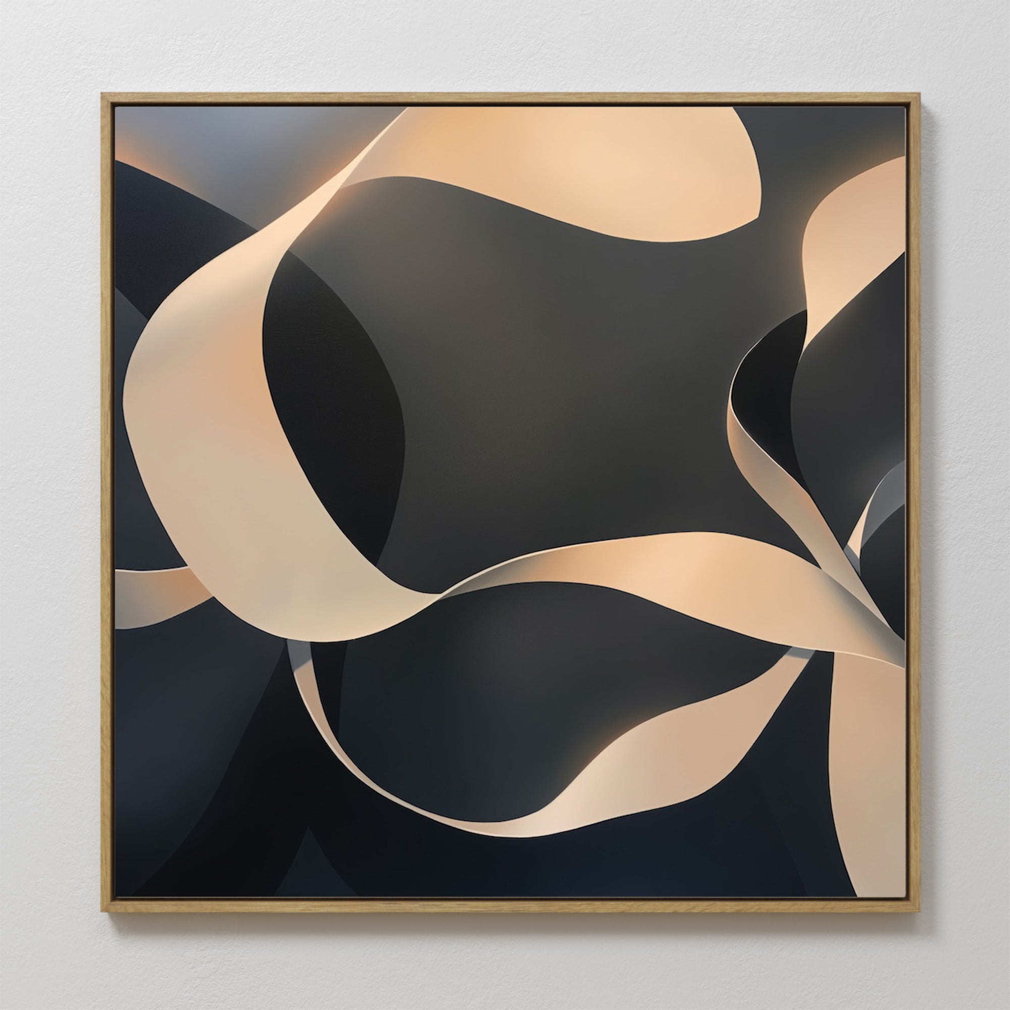 Quiet Division Abstract Canvas Art features flowing, ribbon-like shapes in beige and cream over a dark gray background, framed in light wood. This minimalist piece brings modern elegance to any white wall.