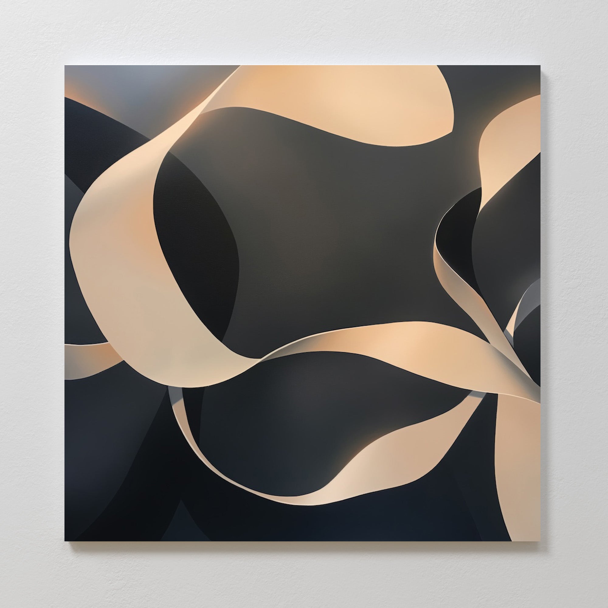 The Quiet Division Abstract Canvas Art showcases fluid, intertwined beige and dark gray ribbons on a square canvas, adding movement and depth to your space with its soft gradient background—a perfect touch of modern elegance.