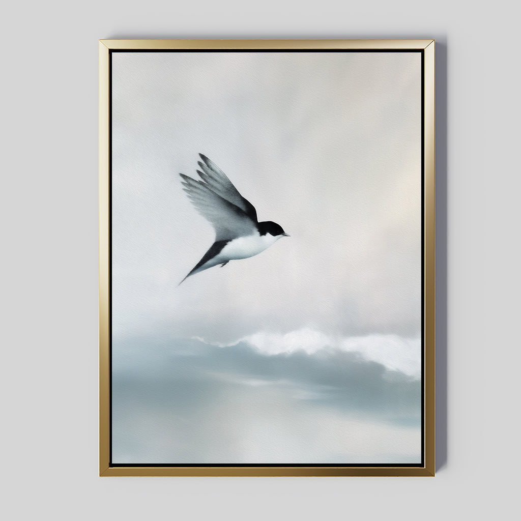 The Quiet Flight Canvas Art features a bird in flight above soft, cloudy skies, rendered in muted colors with a golden frame—ideal as minimalist wall decor or serene Nordic Park-inspired wall art.