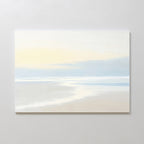 Quiet Shores Canvas Art – Horizontal features a minimalist seascape in soft, muted colors with a sandy shore, calm water, and pale sky—ideal coastal decor for adding serenity to any plain white wall.