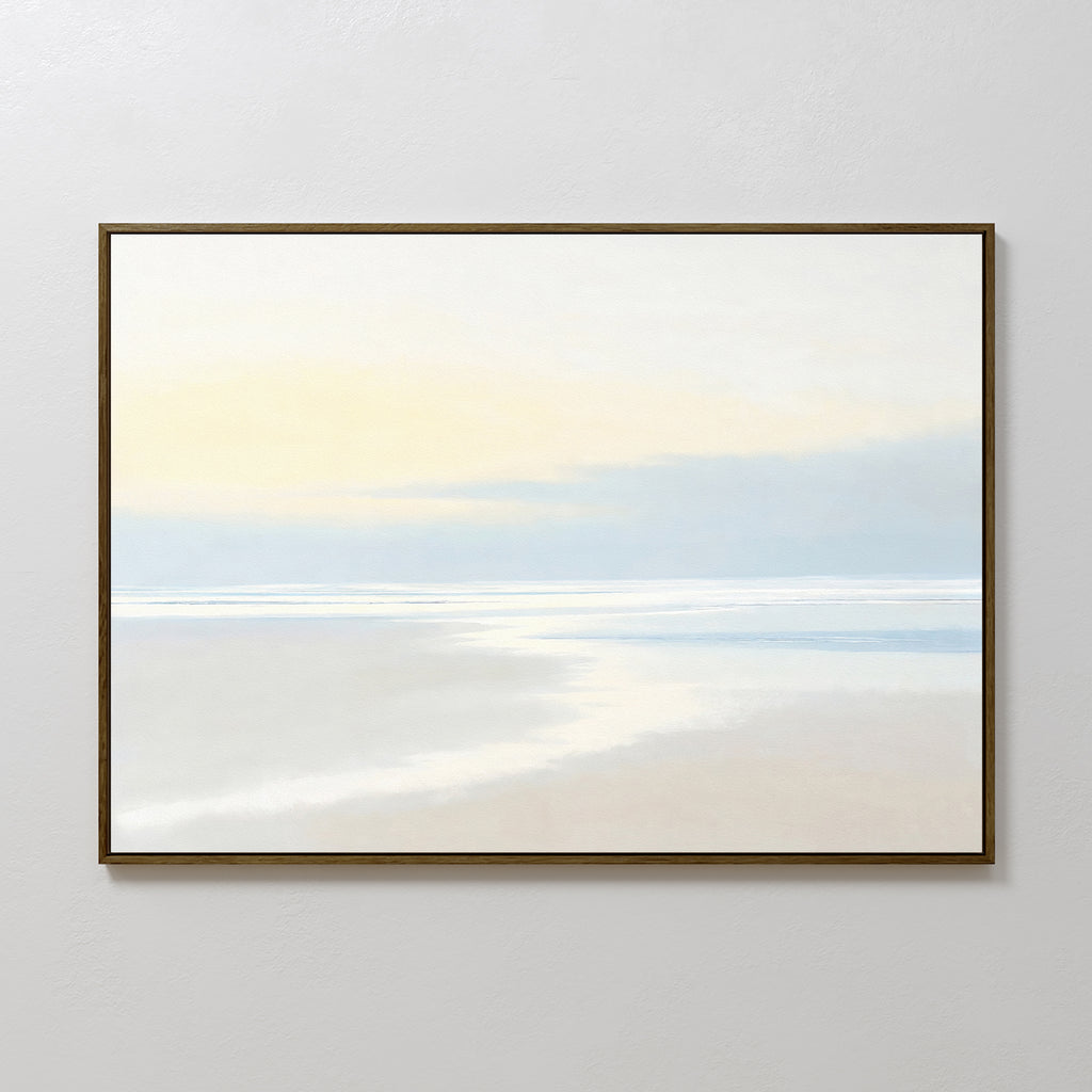 The Quiet Shores Canvas Art – Horizontal features a serene, minimalist beach scene in soft, pale colors—ideal for adding gentle sunlight and calming coastal decor to your space.