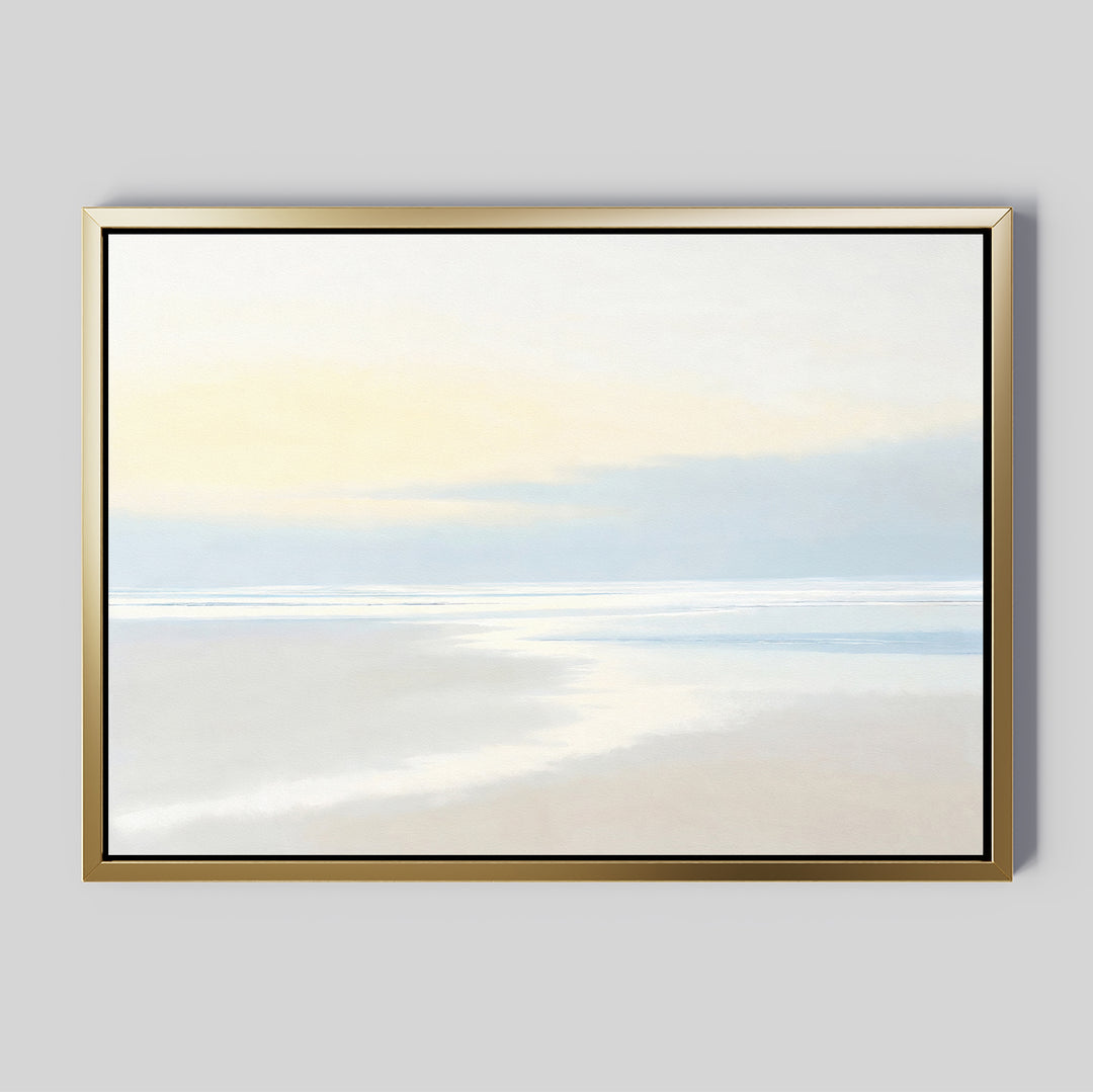 Quiet Shores Canvas Art – Horizontal: a framed seascape print with soft pastel hues, pale sky, and gentle waves in a serene minimalist style—ideal wall art for tranquil coastal decor.