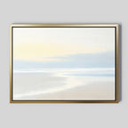 Quiet Shores Canvas Art – Horizontal: a framed seascape print with soft pastel hues, pale sky, and gentle waves in a serene minimalist style—ideal wall art for tranquil coastal decor.