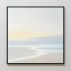 Quiet Shores Canvas Art features a minimalist beach scene in soft pastel tones reflecting on calm water under a hazy sky. Framed in black, its perfect for coastal decor and looks stunning on light-colored walls.