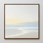 Quiet Shores Canvas Art features a minimalist seascape in soft pastels—a pale sky, gentle clouds, and smooth water reflections in a dark frame—making it the perfect wall art for serene coastal decor.