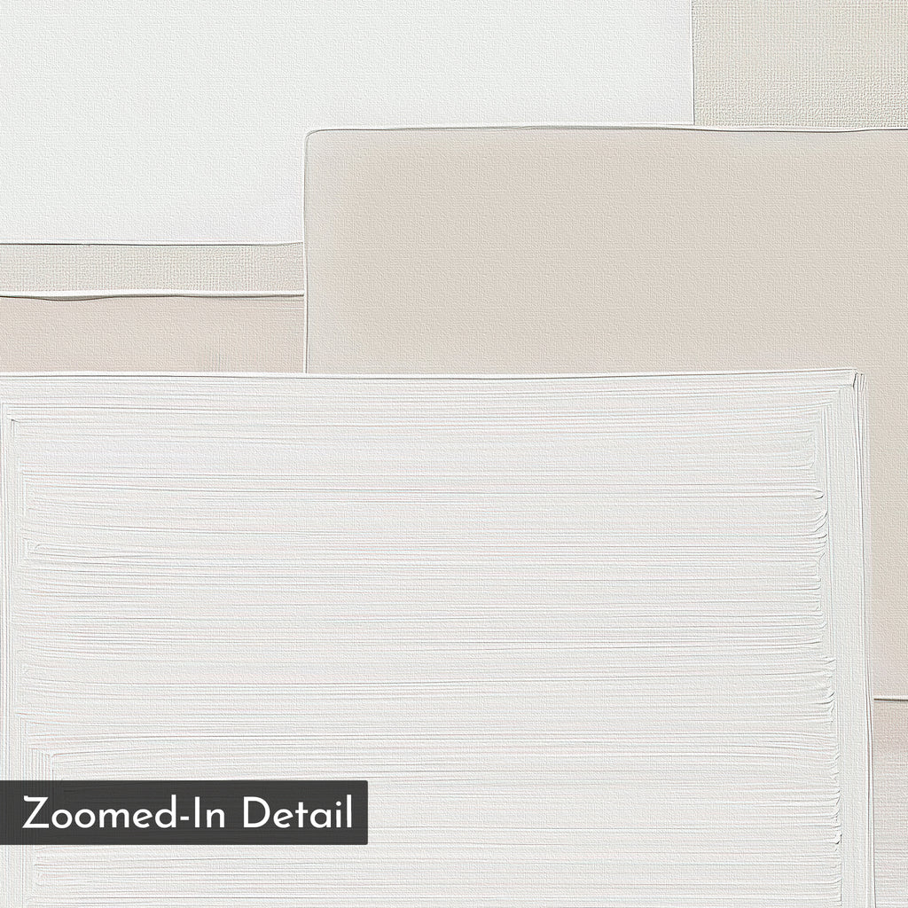 A close-up of layered, textured white and beige rectangles highlights the Quiet Structure Canvas Art, embodying neutral wall art and minimalist decor, with a Zoomed-In Detail label in the lower left corner.