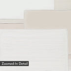 A close-up of layered, textured white and beige rectangles highlights the Quiet Structure Canvas Art, embodying neutral wall art and minimalist decor, with a Zoomed-In Detail label in the lower left corner.