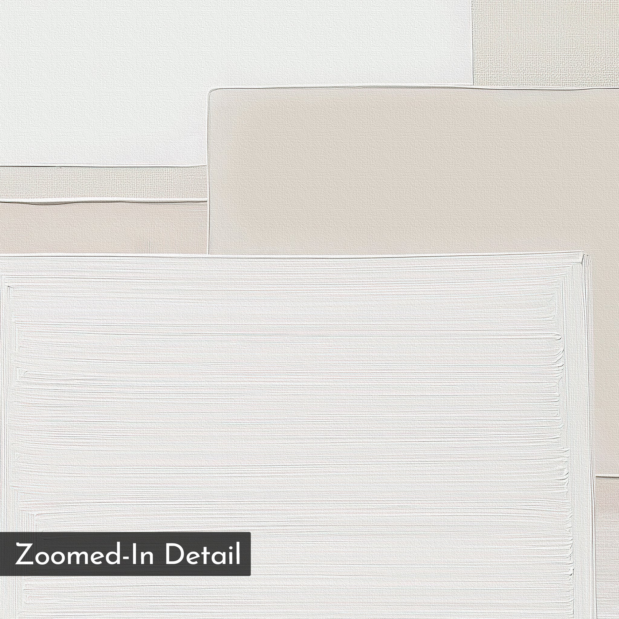 A close-up of layered, textured white and beige rectangles highlights the Quiet Structure Canvas Art, embodying neutral wall art and minimalist decor, with a Zoomed-In Detail label in the lower left corner.