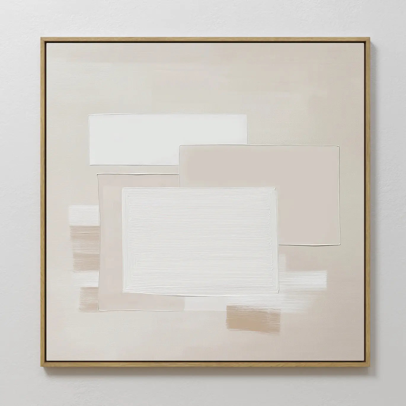 Quiet Structure Canvas Art features overlapping rectangles in white, cream, and beige with textured brushstrokes on a light background, framed in thin gold—modern wall art perfect for any space.