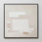 The Quiet Structure Canvas Art features minimalist overlapping rectangles in white, beige, and cream on a light background. Perfect modern wall art, it comes with a thin black frame for a sleek contemporary touch.