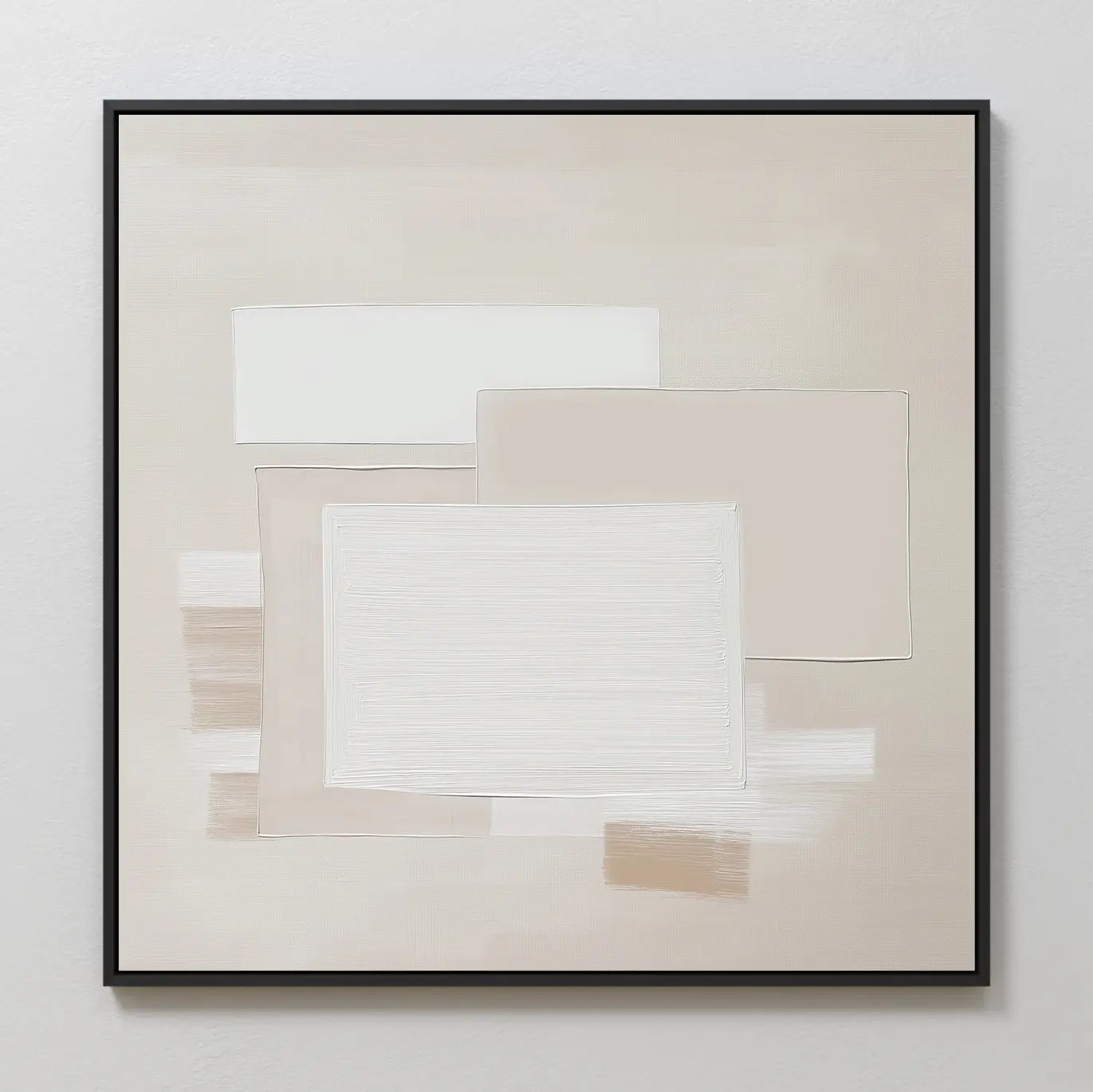 The Quiet Structure Canvas Art features minimalist overlapping rectangles in white, beige, and cream on a light background. Perfect modern wall art, it comes with a thin black frame for a sleek contemporary touch.