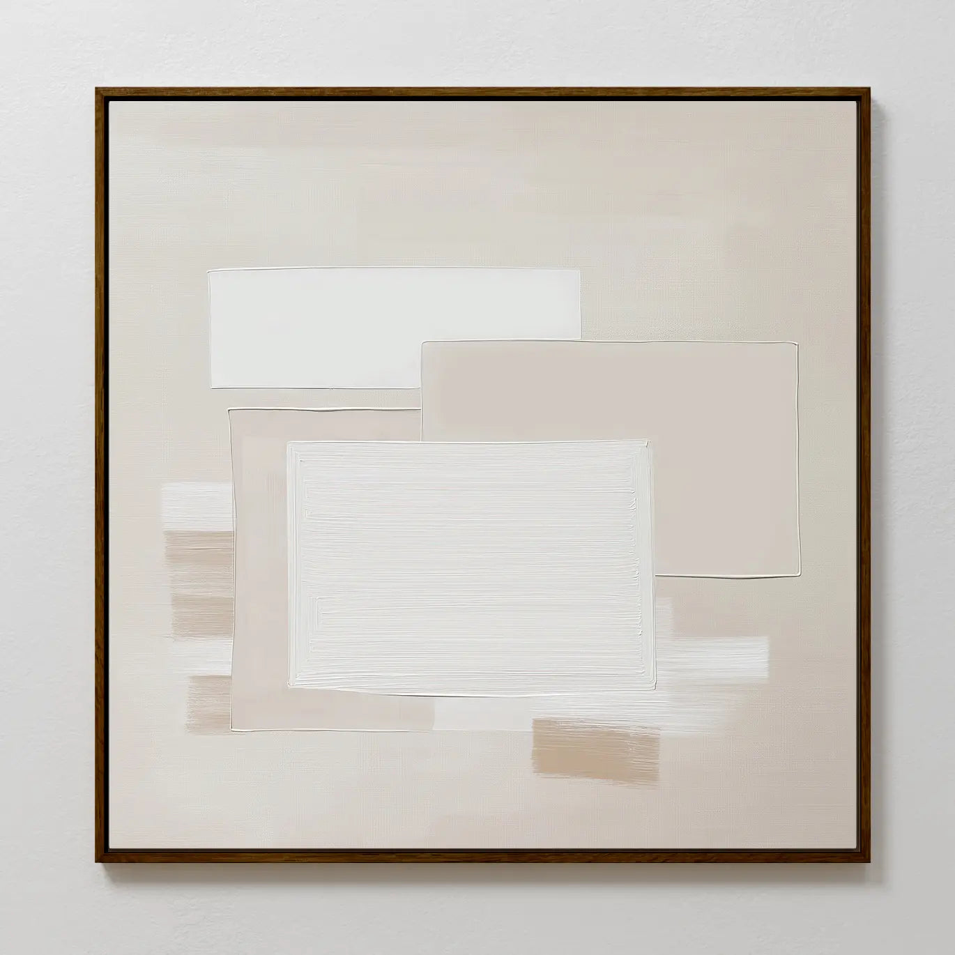 Quiet Structure Canvas Art features overlapping beige and white rectangles on a light background with a thin dark border. Layered brushstrokes and soft color blocks add texture, making it perfect neutral wall art for modern spaces.