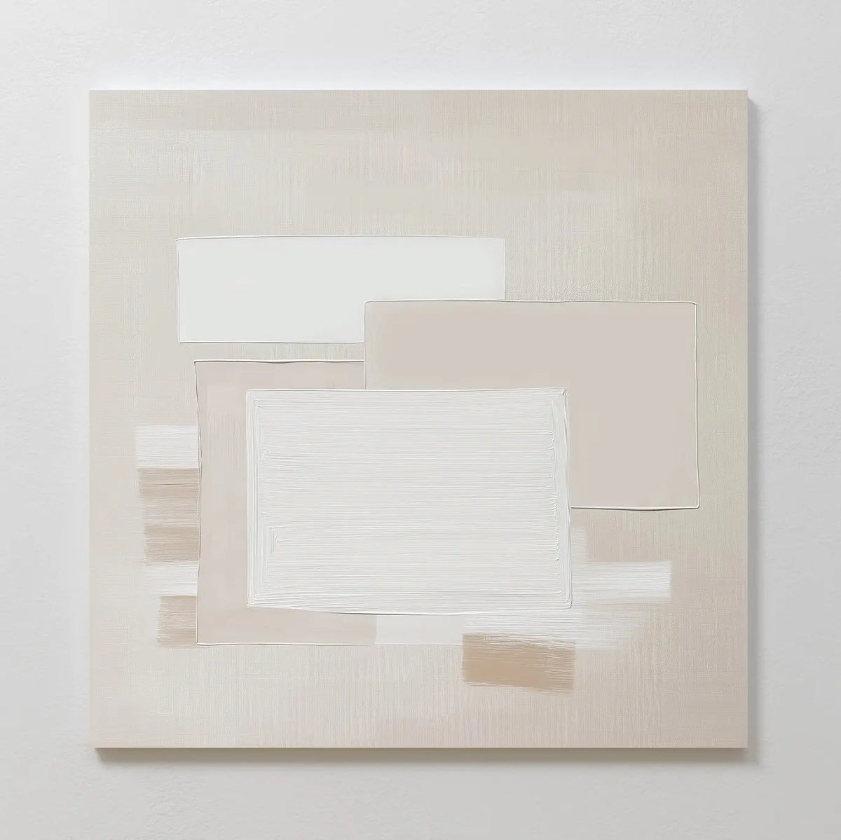 Quiet Structure Canvas Art features overlapping rectangles in white, cream, and beige on a textured light tan background, creating a layered look ideal for modern wall art and minimalist home decor.