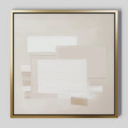 Quiet Structure Canvas Art showcases overlapping rectangles in beige, white, and light tan on a neutral background. This minimalist piece features a thin gold frame and is shown against a plain light gray wall.