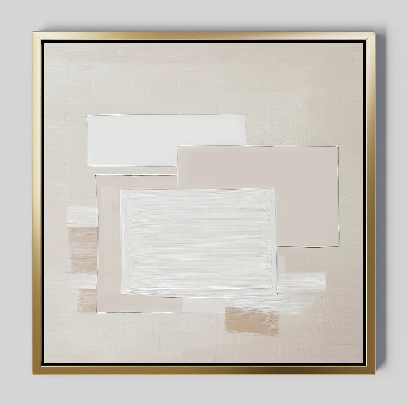 Quiet Structure Canvas Art showcases overlapping rectangles in beige, white, and light tan on a neutral background. This minimalist piece features a thin gold frame and is shown against a plain light gray wall.