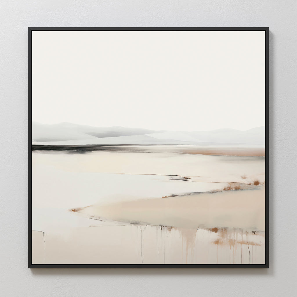 Quiet Valley Abstract Canvas Art features a minimalist black frame with a serene abstract landscape in beige, cream, and gray. Blurred lines and soft paint drips suggest land and water—ideal for Nordic Park wall art or living room decor.