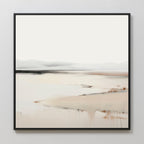 Quiet Valley Abstract Canvas Art features a minimalist black frame with a serene abstract landscape in beige, cream, and gray. Blurred lines and soft paint drips suggest land and water—ideal for Nordic Park wall art or living room decor.
