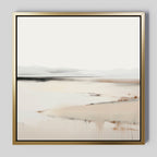Quiet Valley Abstract Canvas Art features a serene landscape in beige and gray with distant hills and calm water. Subtle abstract details at the bottom make it perfect Nordic Park-inspired wall art for your living room decor.