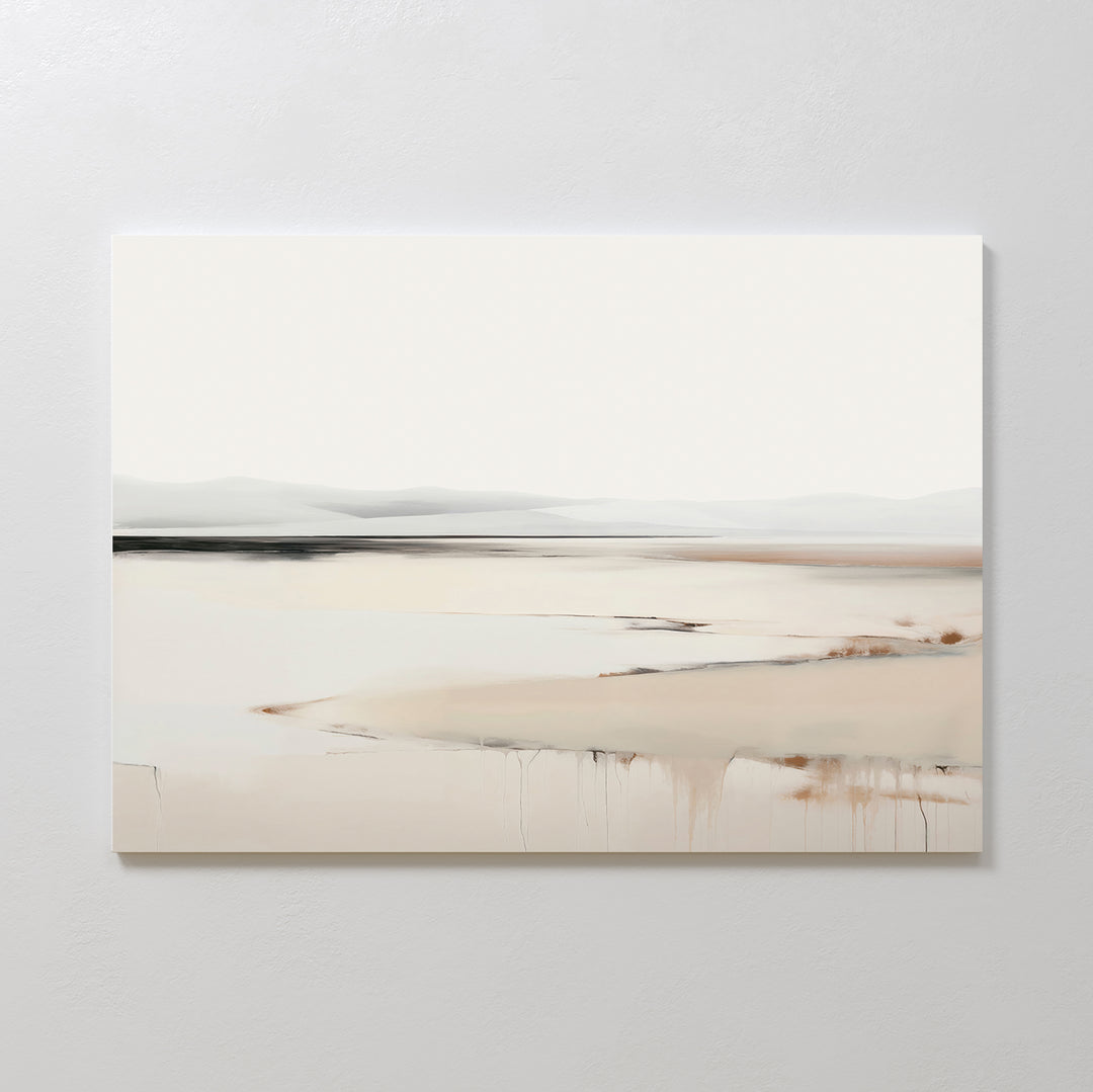 The Quiet Valley Canvas Art – Horizontal features a minimalist abstract landscape in soft beige, cream, and gray tones, depicting gentle hills and smooth transitions—ideal wall art for adding subtle elegance to your living room decor.