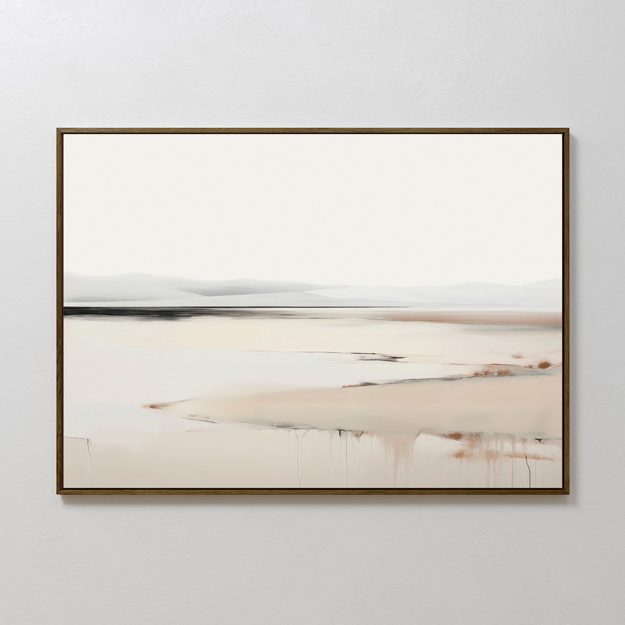 Minimalist elegance defines the Quiet Valley Canvas Art – Horizontal, featuring a serene landscape in soft beige and gray. Abstract hills and subtle paint drips evoke quiet reflections—perfect for sophisticated living room decor.
