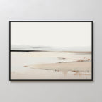 Minimalist elegance defines the Quiet Valley Canvas Art – Horizontal, with its soft, blurred mountains and abstract beige-gray washes—perfectly framed for stunning display on a white wall in your living room.