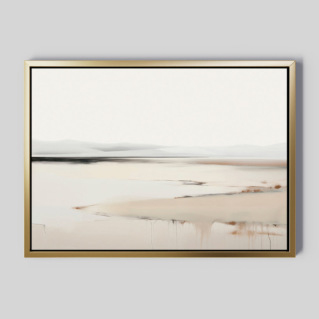 Minimalist elegance defines the Quiet Valley Canvas Art – Horizontal, featuring serene beige and white tones with soft, blurred horizons—perfect living room decor, beautifully framed in gold and displayed against a gray wall.