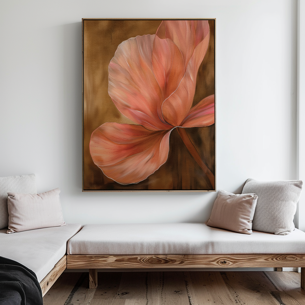A cozy, modern living room features light wood furniture with neutral cushions and the Blush Petals Abstract Canvas Art—a pink flower on a brown background—above the sofa, perfect for contemporary living room decor.