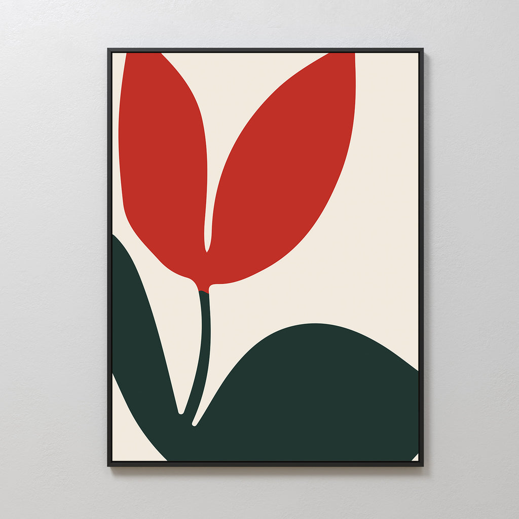 Red Botanic Abstract Canvas Art: A minimalist wall print with bold, abstract shapes of a red two-petal flower and dark green leaf on a cream background, framed in black—perfect for modern living room decor.