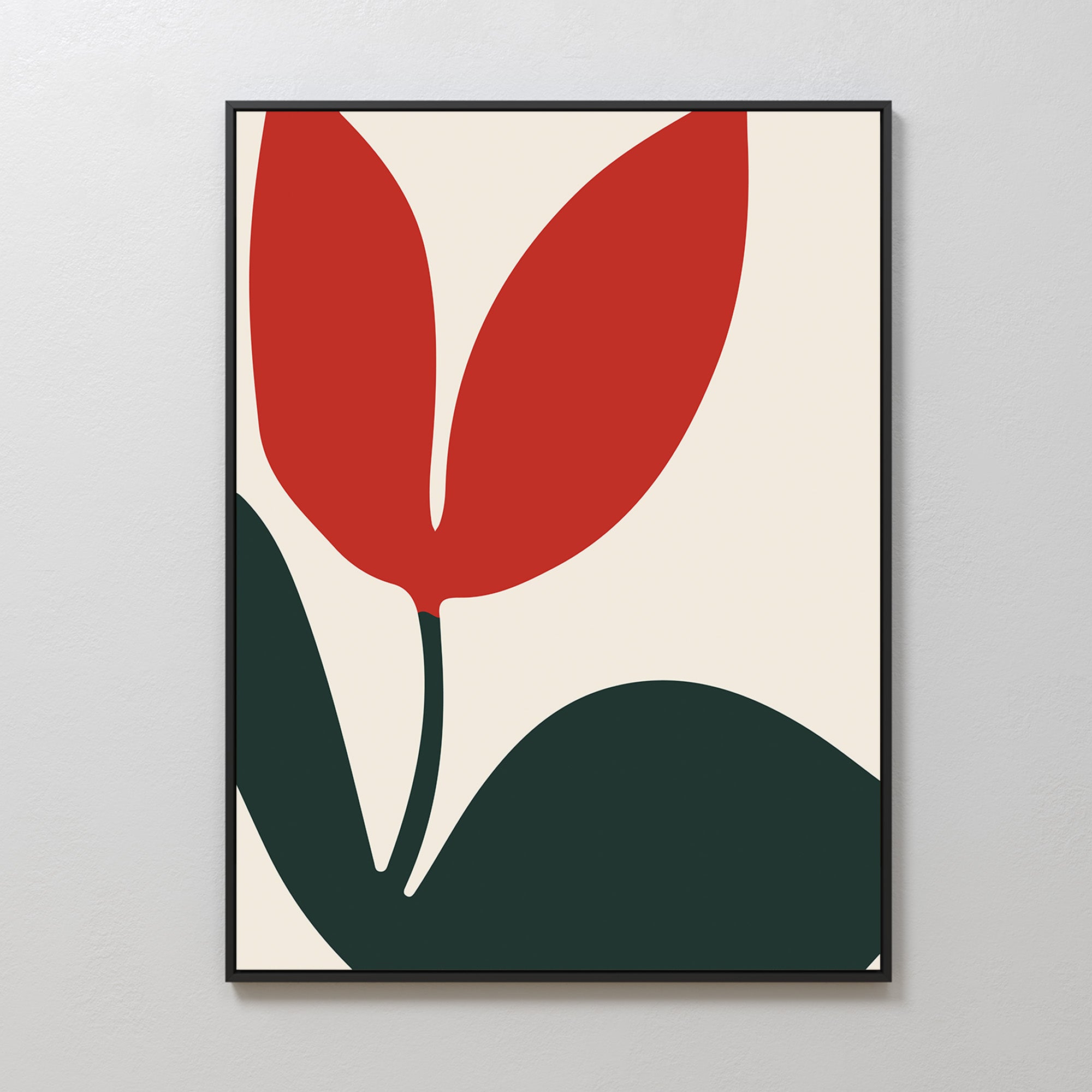 Red Botanic Abstract Canvas Art: A minimalist wall print with bold, abstract shapes of a red two-petal flower and dark green leaf on a cream background, framed in black—perfect for modern living room decor.