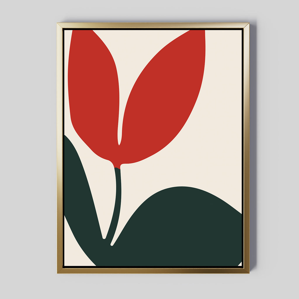 Red Botanic Abstract Canvas Art: Minimalist wall art with abstract red flower shapes and dark green leaves on a light beige background, set in a thin gold frame—ideal for stylish living room decor.