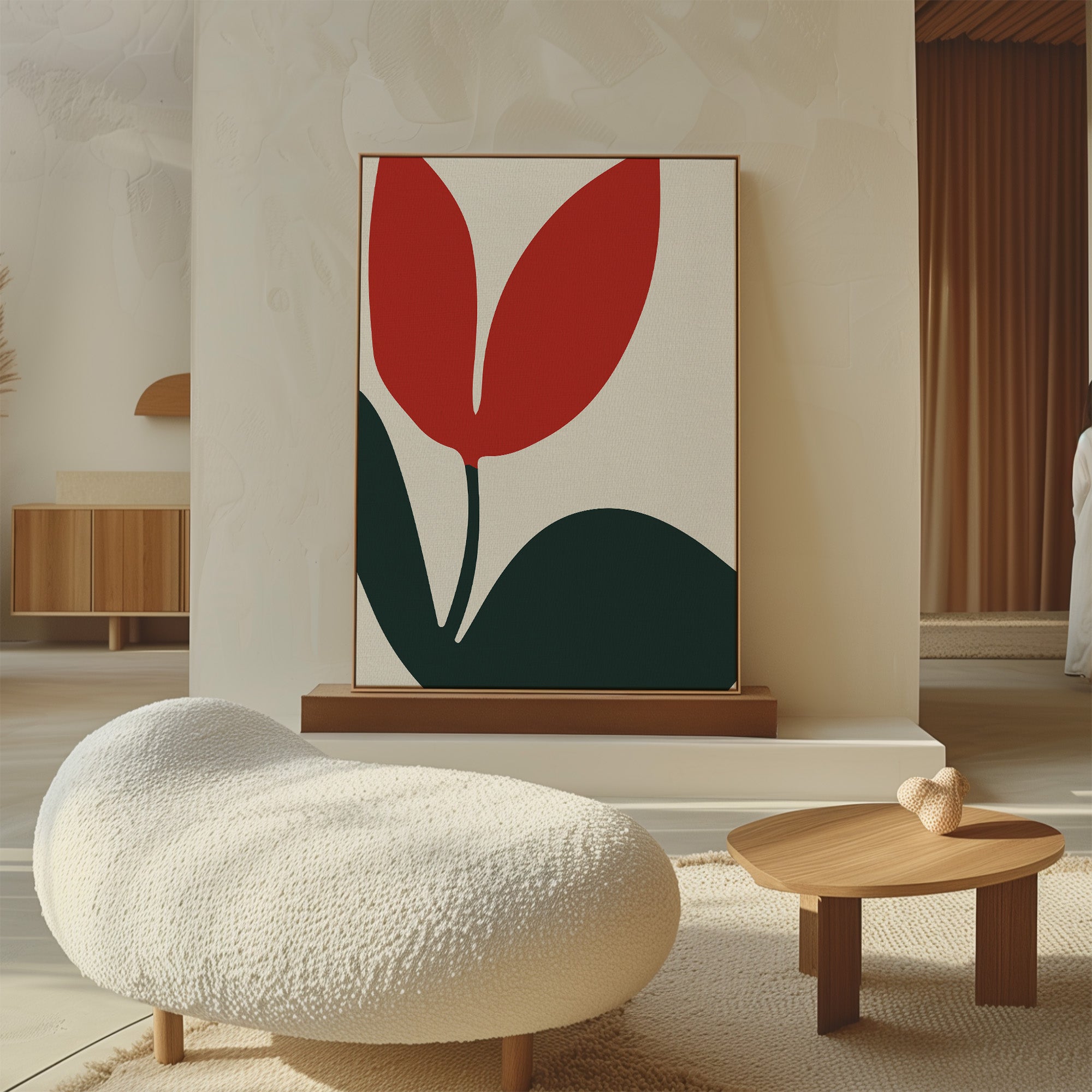 A modern living room with neutral tones features minimalist wall art—Red Botanic Abstract Canvas Art—on the mantel, paired with curved furniture and a small wooden table topped with a heart-shaped decor piece for unique style.
