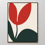 Red Botanic Abstract Canvas Art features two large red leaf shapes above dark green leaves on a light beige background, outlined in black. This minimalist abstract piece adds bold, simple style to your living room decor.