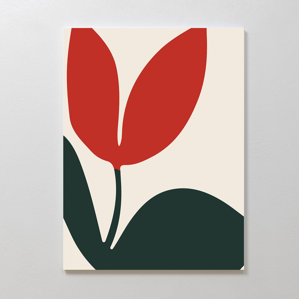 Red Botanic Abstract Canvas Art showcases two bold red leaf shapes above a dark green curve on a light beige background. This minimalist, modern wall art is ideal for adding stylish flair to your living room decor.
