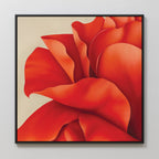 Red Elegance Abstract Canvas Art features large, vibrant red petals overlapping on a light beige background. This detailed yet minimalist piece is perfect for adding a bold touch to your living room decor.