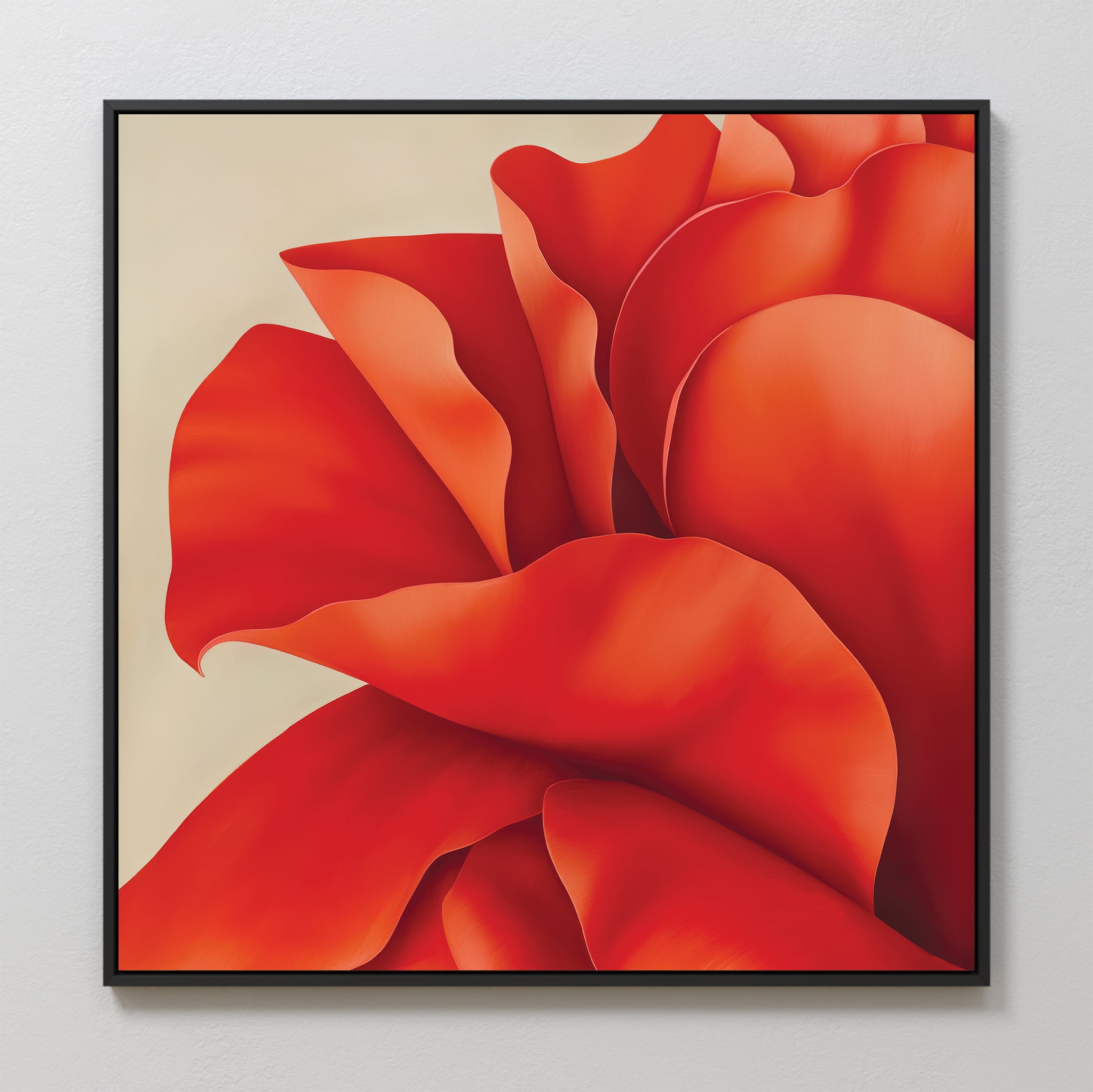 Red Elegance Abstract Canvas Art features large, vibrant red petals overlapping on a light beige background. This detailed yet minimalist piece is perfect for adding a bold touch to your living room decor.