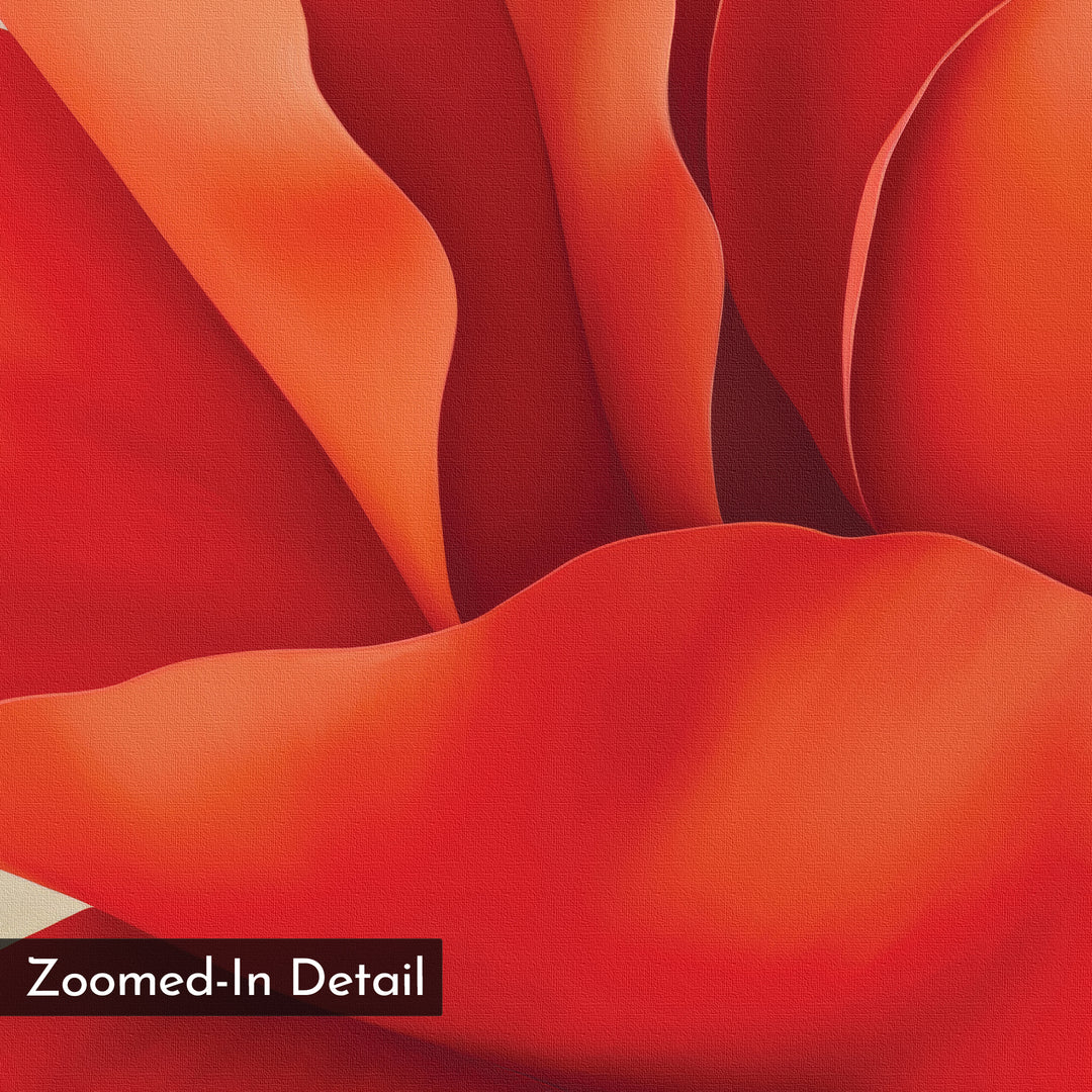 Close-up of vivid red and orange petals with smooth, soft texture highlights graceful curves and gradients. Ideal as minimalist wall art. Product: Red Elegance Abstract Canvas Art. Label at bottom left: Zoomed-In Detail.