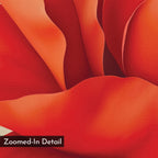 Close-up of vivid red and orange petals with smooth, soft texture highlights graceful curves and gradients. Ideal as minimalist wall art. Product: Red Elegance Abstract Canvas Art. Label at bottom left: Zoomed-In Detail.