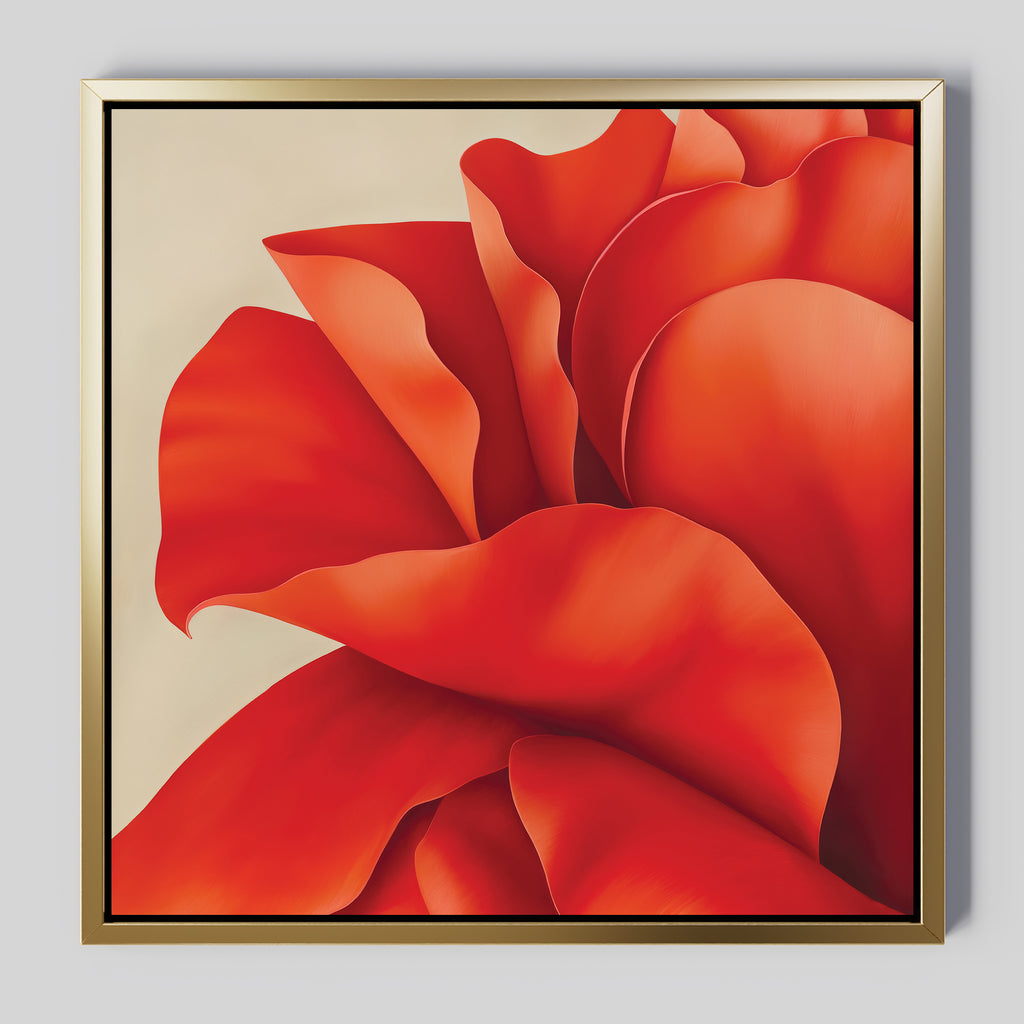 Red Elegance Abstract Canvas Art features bold, overlapping red petals on a gold-framed square canvas, creating a striking minimalist floral accent ideal for refined living room décor.