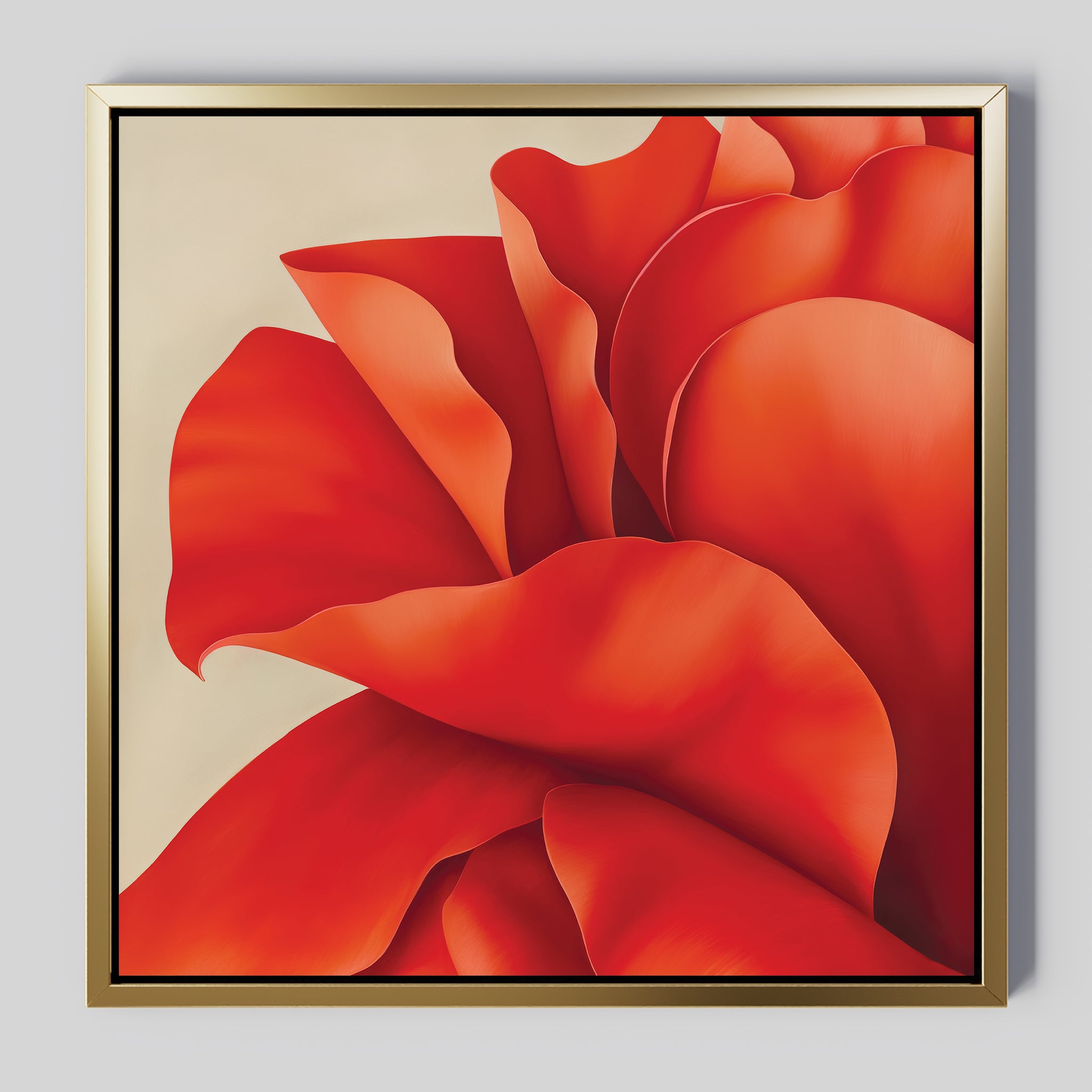 Red Elegance Abstract Canvas Art features bold, overlapping red petals on a gold-framed square canvas, creating a striking minimalist floral accent ideal for refined living room décor.